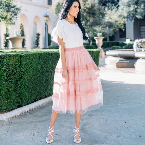 Rachel Parcell NEW pink Versailles tulle Swiss dot skirt sz XS Bridgerton midi - Picture 3 of 12